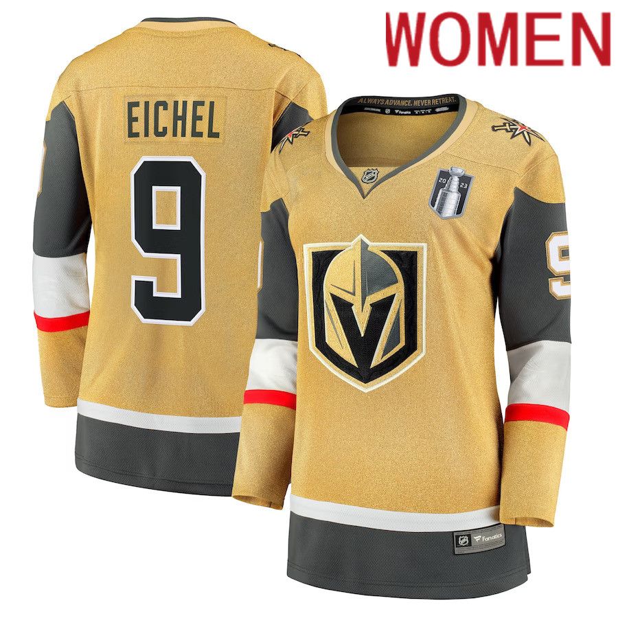 Women Vegas Golden Knights 9 Jack Eichel Fanatics Branded Gold 2023 Stanley Cup Final Home Breakaway Player NHL Jersey